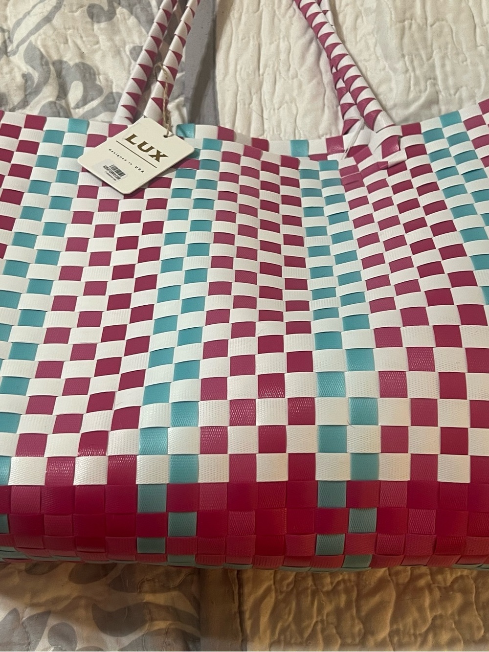 LUX Pink, White & Blue Woven Check Tote